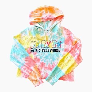 MTV Tie Dye Cropped Hoodie Size L Pastel Y2K Graphic Sweatshirt